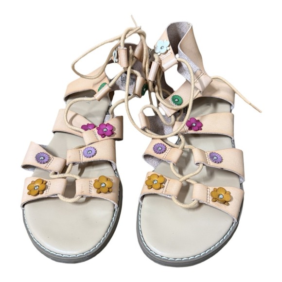 Old Navy Daisy Floral Brown Gladiator Sandals Tie Ankle Size 9 Boho Twee - Picture 2 of 8